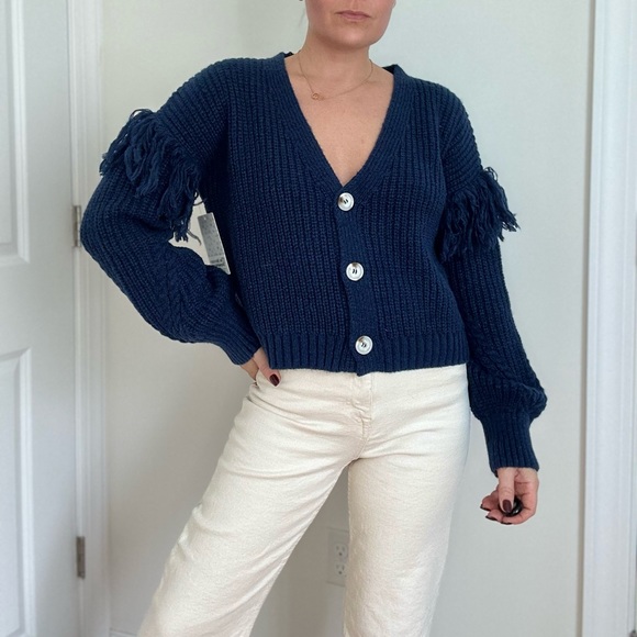 Fringe Trim Heavy Knit V-neck Cardigan - Picture 2 of 9